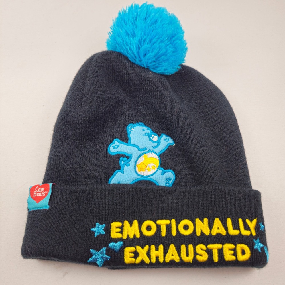 Care Bears Emotionally Exhausted Pom Beanie Hat Black Blue One Size 2021